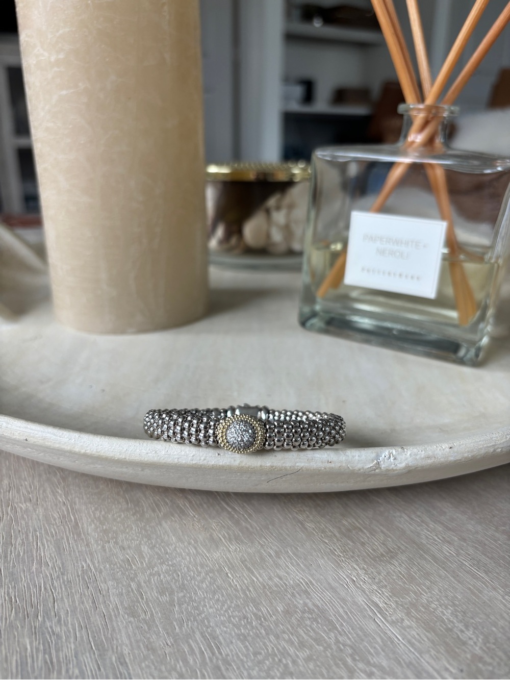 LAGOS Silver and Gold Beaded Caviar Bracelet with Pavé Center